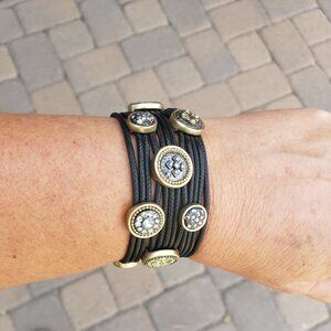 Chico's Leather and Mixed Metal Coin Bracelet with Rhinestones